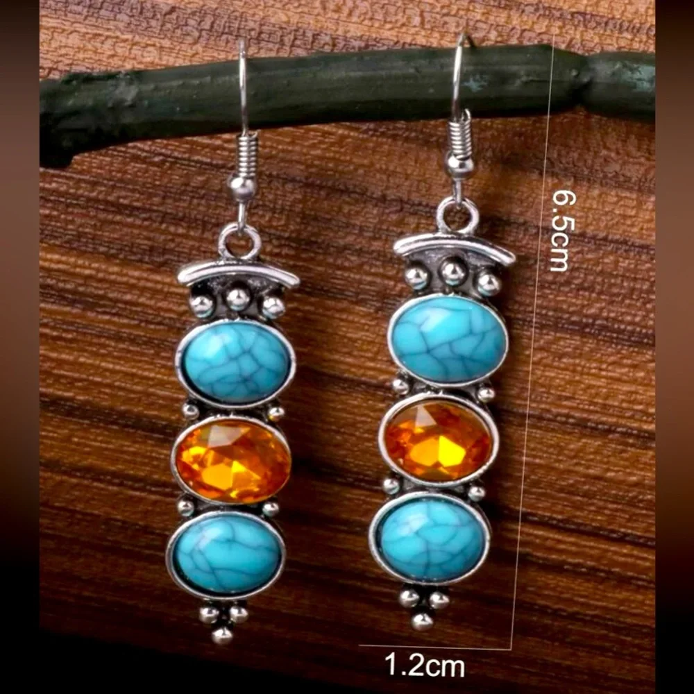 Bohemian Chic Southwestern Turquoise, Amber, Vintage Silver Dangle DropE… - Picture 3 of 4